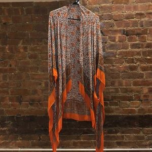 Orange Multiprint Floral Long Open Front Shawl